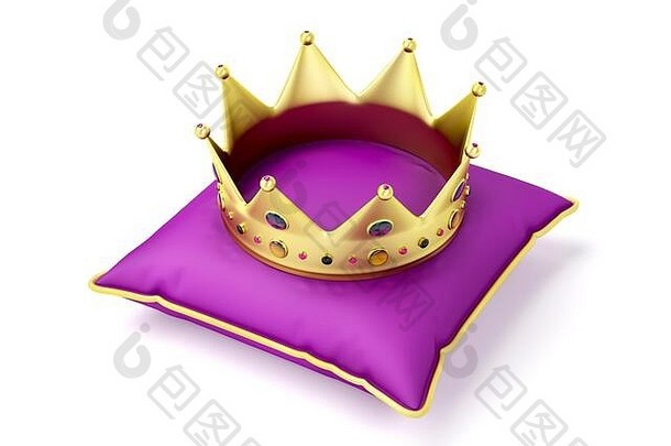 皇家黄金皇冠紫色的枕头白色背景