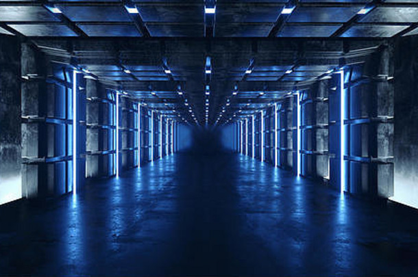 未来主义的sci外星人船黑暗空空间难看的东西反光光滑的混凝土隧道走廊霓虹灯发光的激光电蓝色的灯背气