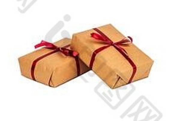 礼物盒子卡夫包装纸红色的丝带孤立的