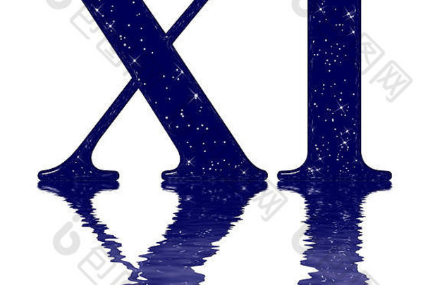 罗马数字11明星天空纹理模仿反映了水表面孤立的白色渲染