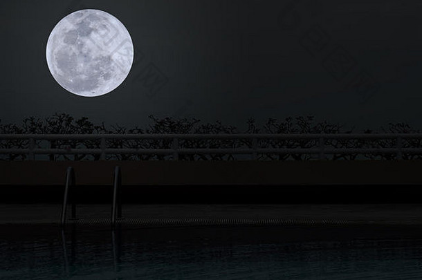 游泳池晚上完整的月亮黑暗天空