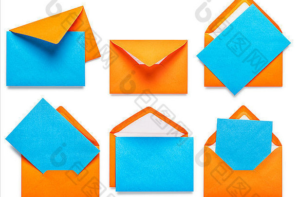 <strong>橙色信封</strong>蓝色的卡集合孤立的白色背景