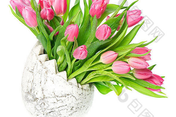 美丽的粉红色的郁金香复活节蛋花瓶春天花水滴