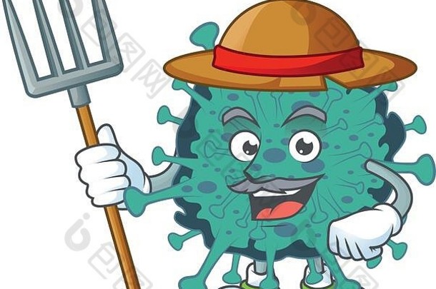 至关重要的冠状病毒农民吉祥物设计他干草叉