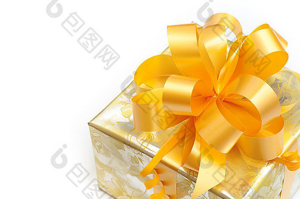 不错的礼物包装金纸黄色的弓白色背景