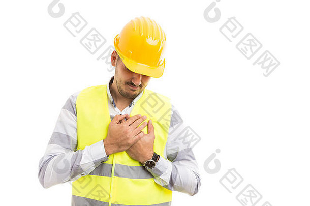 建设工人工程师构建器痛苦心疼痛梗塞胸部按摩概念