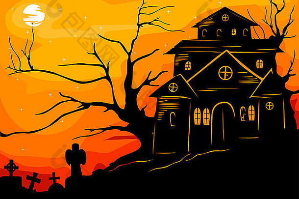 万圣节插图特色轮廓闹鬼房子框架红色的橙色日落