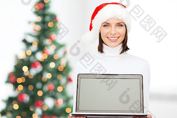 女人圣诞老人助手他移动PC电脑