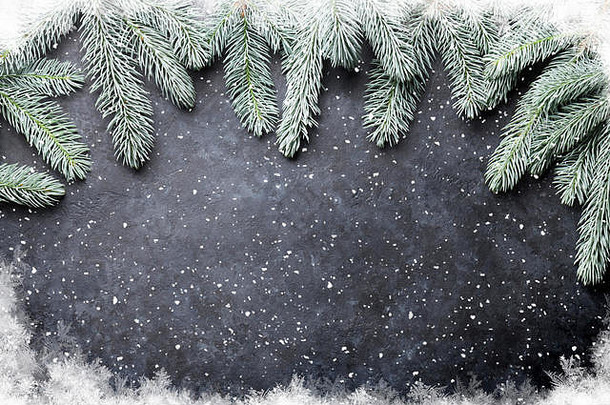 圣诞节背景冷杉树雪石头纹理复制空间文本