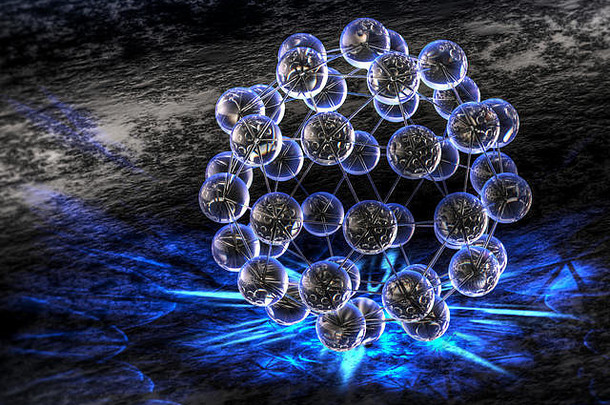 特写镜头球形奈米结构使石墨烯蓝色的焦散线光