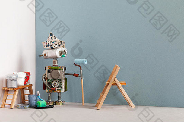 装饰机器人油漆辊画家工具木梯油漆桶复制空间