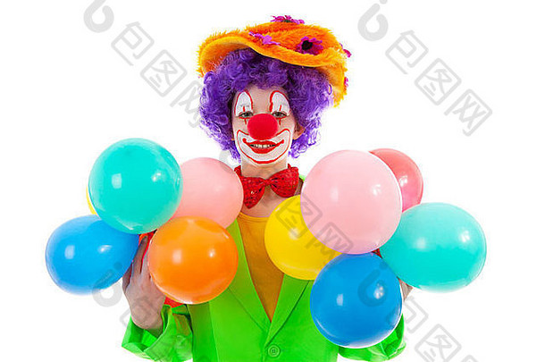 孩子穿着色彩斑斓的有趣的小丑气球白色背景