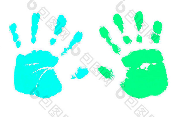色彩斑斓的绿色阿卡手印的手绘孩子们孤立的白色背景