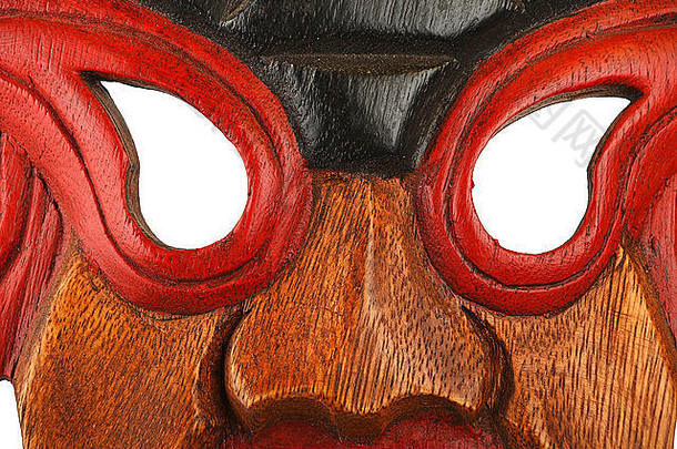 亚洲传统的木面具脸人类恶魔画生动的红色的蓝色的关闭