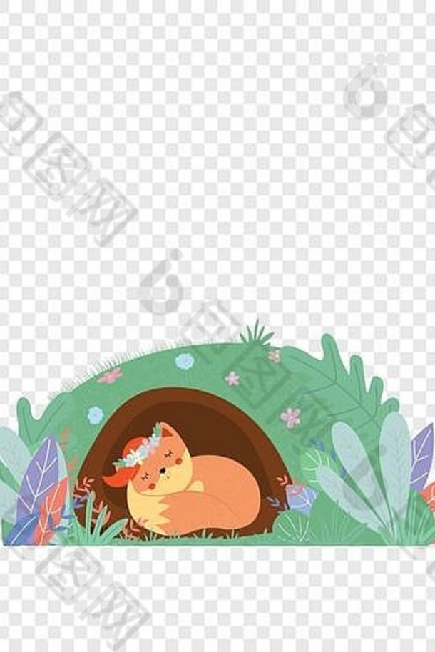 可爱的狐狸花环睡眠狡猾的洞穴孤立的