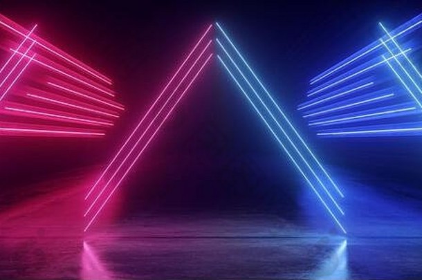 sci网络充满活力的激光三角形讲台上紫色的红色的蓝色的霓虹灯荧光潘通色卡未来主义的走廊仓库隧道聚会，派对俱乐部宇宙飞船走廊
