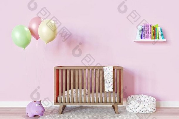 婴儿女孩托儿所房间简单的简约装饰呈现