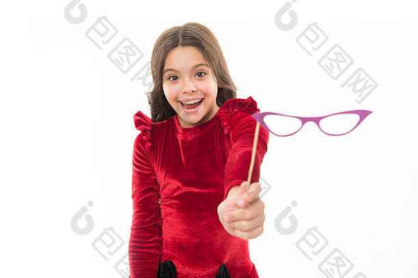 附件孩子快乐持有复古的眼镜照片展位道具附件孩子迷人的孤立的白色背景女孩持有眼镜聚会，派对孩子可爱的脸古董眼镜