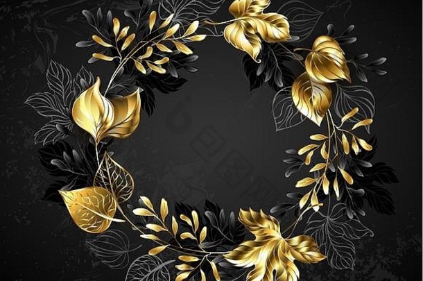 花环黄金珠宝叶子装饰树枝黑色的变形背景