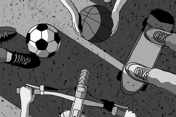 街体育滑板篮球骑自行车足球前视图灰度