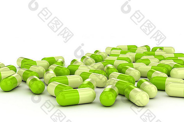 绿色药片白色背景Herbal医学