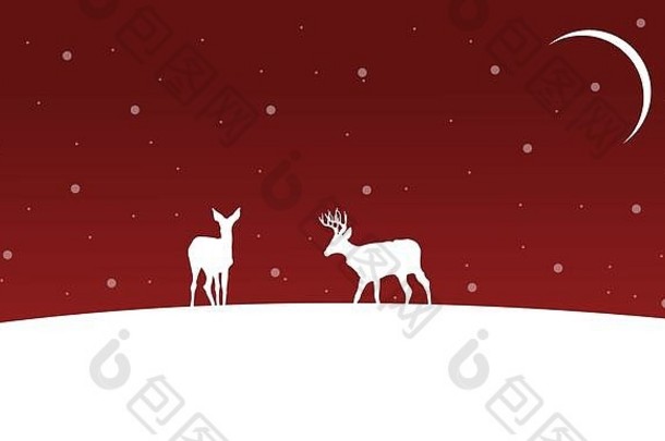 冬天圣诞节景观鹿山轮廓