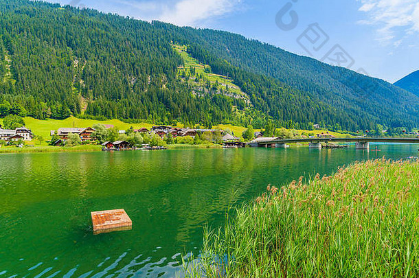 木<strong>平台</strong>游泳绿色水weissensee湖夏天景观阿尔卑斯山脉山奥地利
