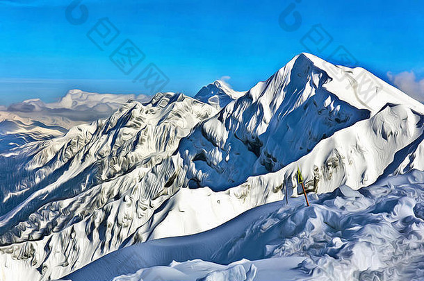 色彩斑斓的绘画美丽的冬天山landsacape蔷薇属峰索契俄罗斯