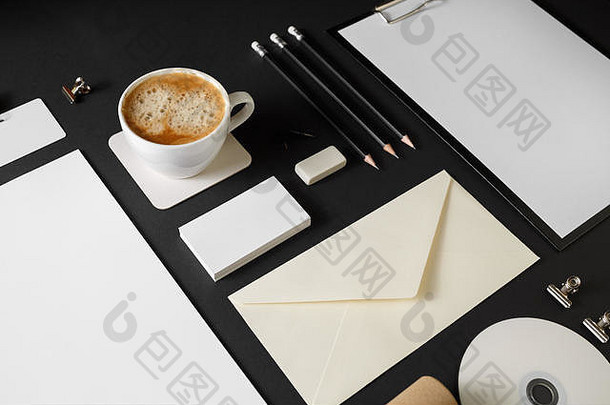照片空白企业文具黑色的纸背景品牌模拟