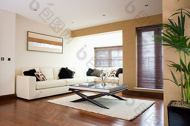 奶油<strong>转角沙发</strong>现代公寓生活房间擦身而过奶油地毯木地板