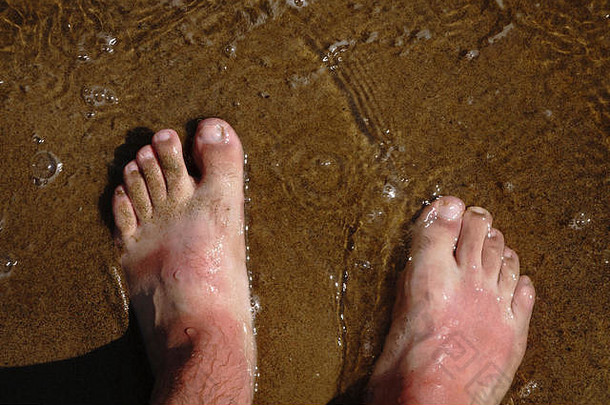 男人的腿沙子海滩海波