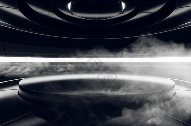 黑暗sci现代未来主义的椭圆形阶段外星人科技反光房间领导发光的灯烟雾空空间背景呈现伊鲁