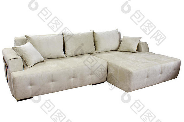 别致的现代白色大舒适的织物沙发角落里枕头白色背景