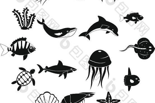 海动物图标集简单的风格