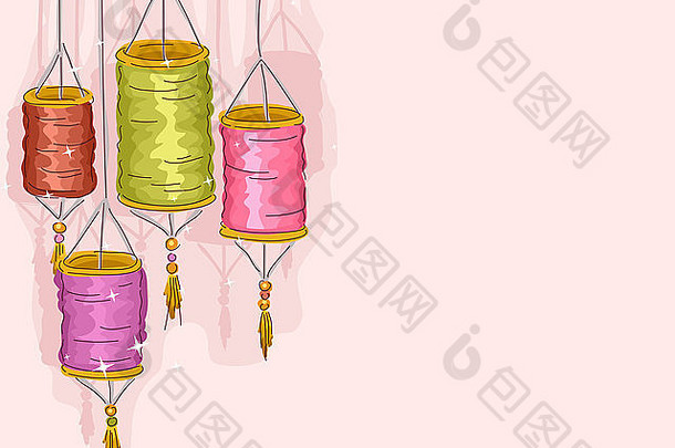 色彩斑斓的插图纸灯笼粉红色的背景