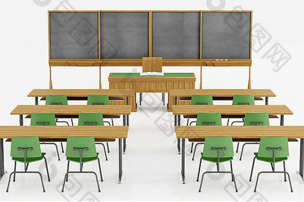 教室学生绿色椅子桌子上黑板上呈现