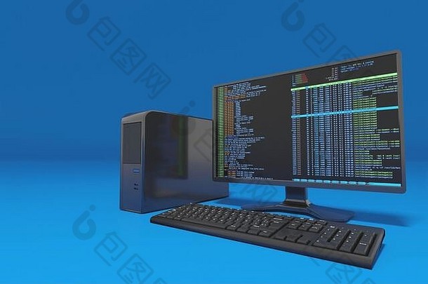 工作站桌面电脑蓝色的背景数字渲染概念