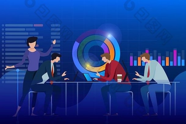 团队专家工作数字市场营销策略数字分析利润概念蓝色的紫罗兰色的背景插图数据科学