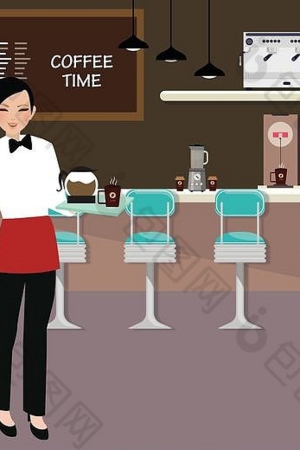 咖啡馆女服务员持有咖啡服务室内餐厅摊位菜单