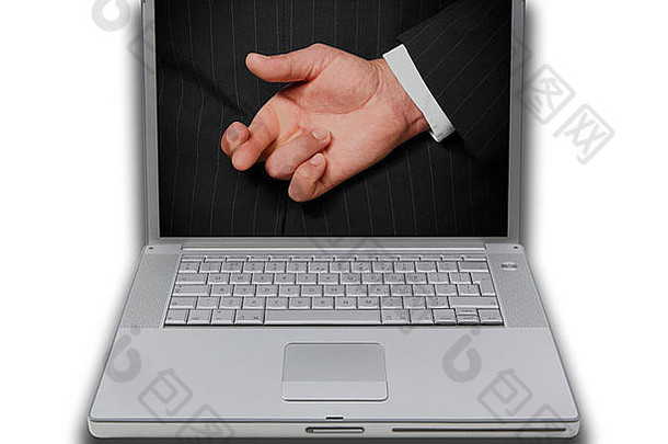 腿上前可移植的电脑屏幕显示图片业务男人。黑暗细条纹西装手指交叉回来