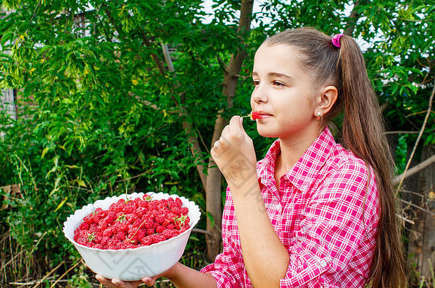 美丽的青少年女孩持有<strong>碗</strong>树莓花园特写镜头夏天一天