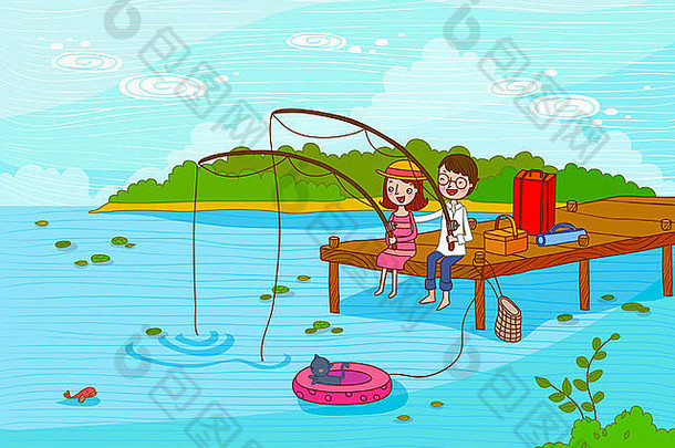 夫妇坐着码头钓鱼