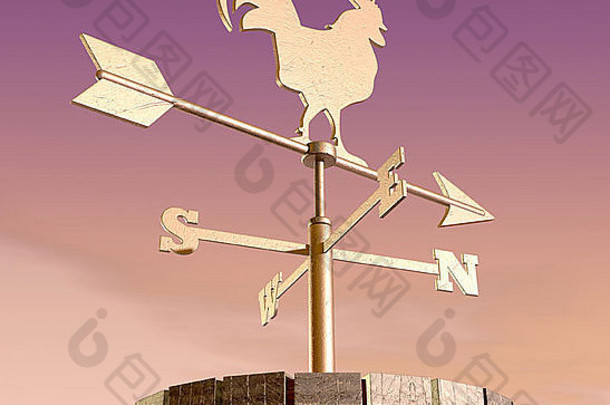 常规的金属风向标cockeral主题面对北砖烟囱紫色的早....天空背景