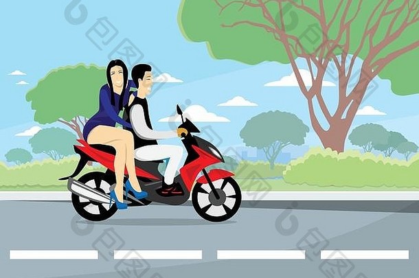 亚洲夫妇骑摩托车踏板车