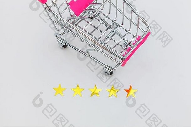 小超市杂货店推车购物玩具轮子星星评级孤立的白色背景零售消费者购买在线评估审查概念