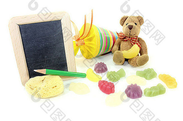泰迪熊学校袋钱包海绵黑板上光背景