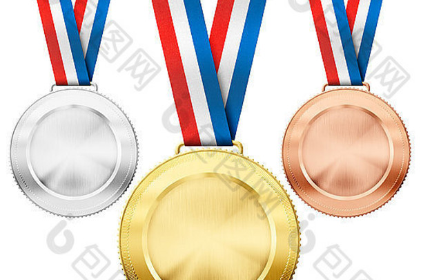 黄金银青铜现实的体育运动奖牌三原色丝带集孤立的白色