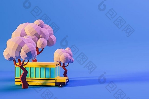 渲染树学校公共汽车蓝色的背景霓虹灯颜色回来学校概念