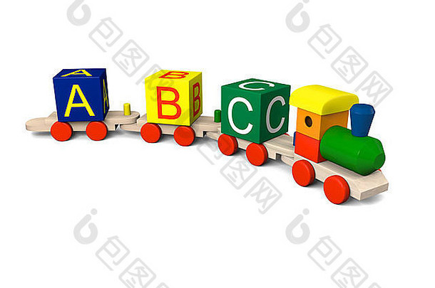 插图色彩斑斓的木玩具火车字母信车厢