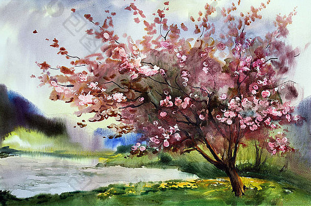 水彩绘画景观盛开的春天树花